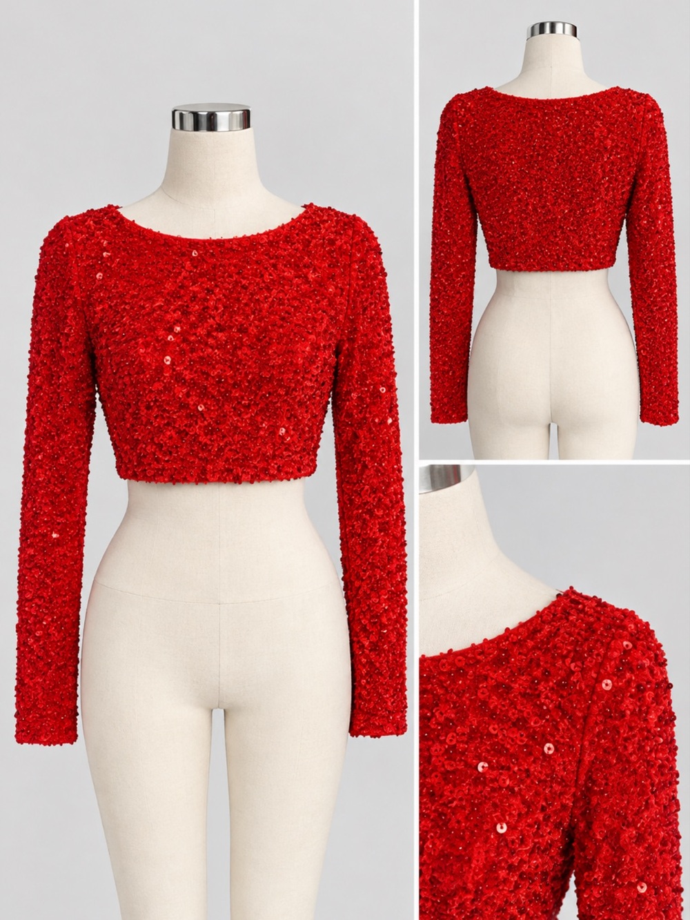 SHEIN Red Sequin Cropped Long-Sleeve Top